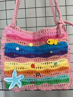 Handmade Pink Multi-Color Crochet Beach Tote